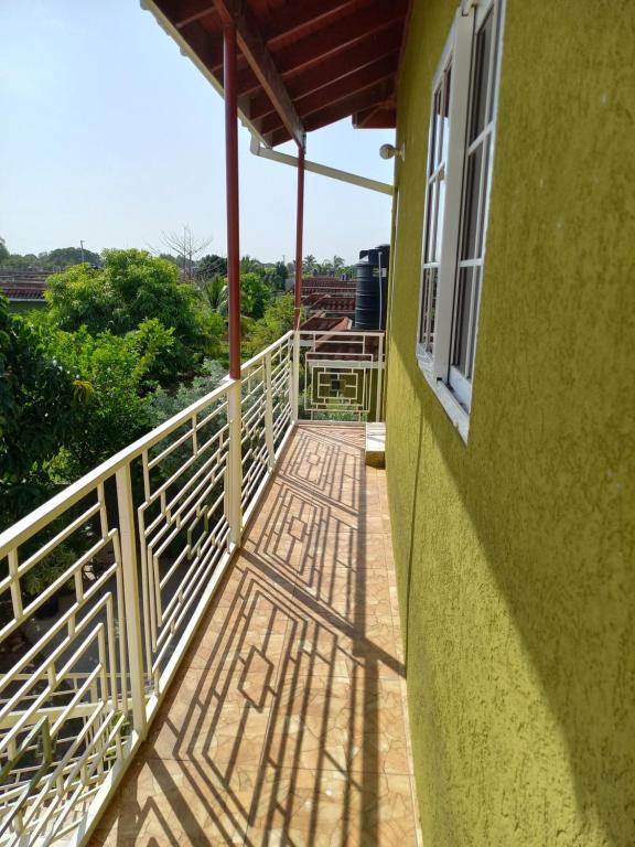 Balcony with tropical greenery view and metal railing